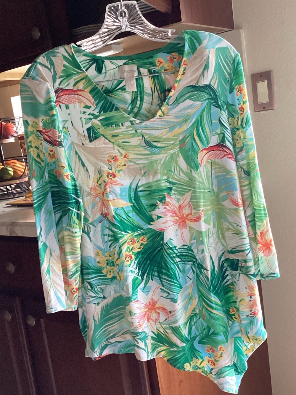 Chico's Tropical Floral V-Neck Blouse in Green and Pink With Asymmetrical Hem